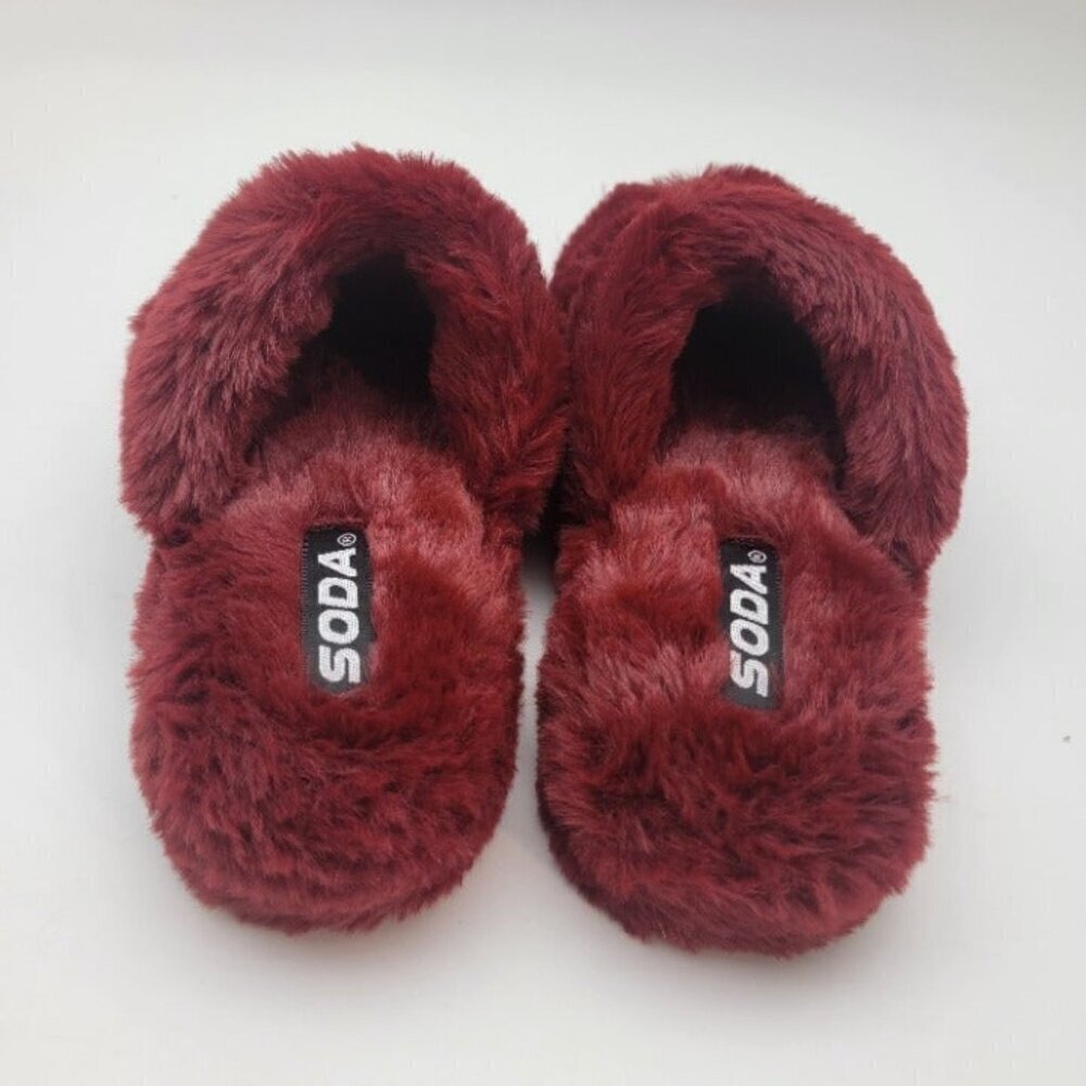 Women's Burgundy Faux Fur Slipper Fuzzy Warm Fluffy Slip On Slide Sandal Size 8 - Picture 5 of 6